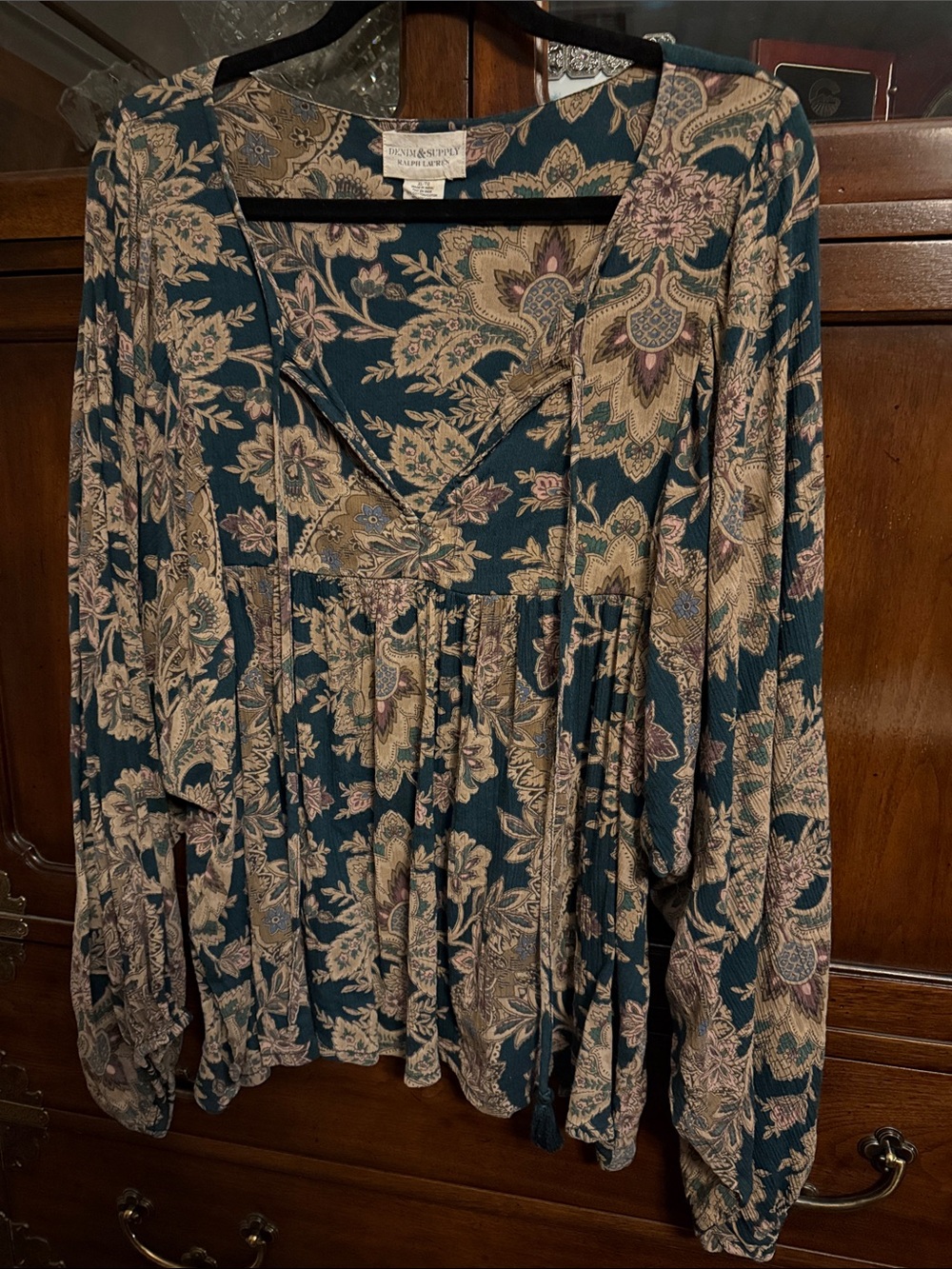 Ralph Lauren Teal and Beige Floral V-Neck Tunic
